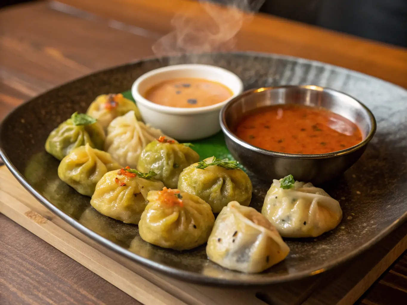 A high-resolution image of a plate of steaming hot momos, showcasing their delicate pleats and savory filling, served with a side of traditional dipping sauce, set in a warm, inviting restaurant ambiance.