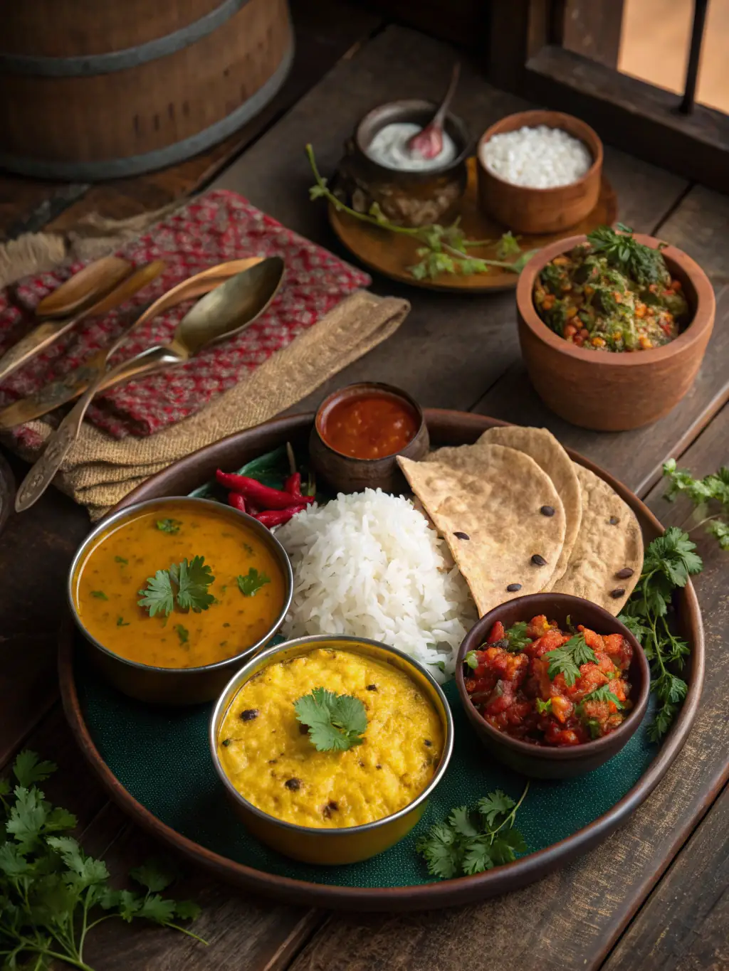 A vibrant and appetizing image of Dal Bhat, featuring a mound of fluffy rice surrounded by lentil soup, vegetable curry, spinach, and a side of tangy pickle.