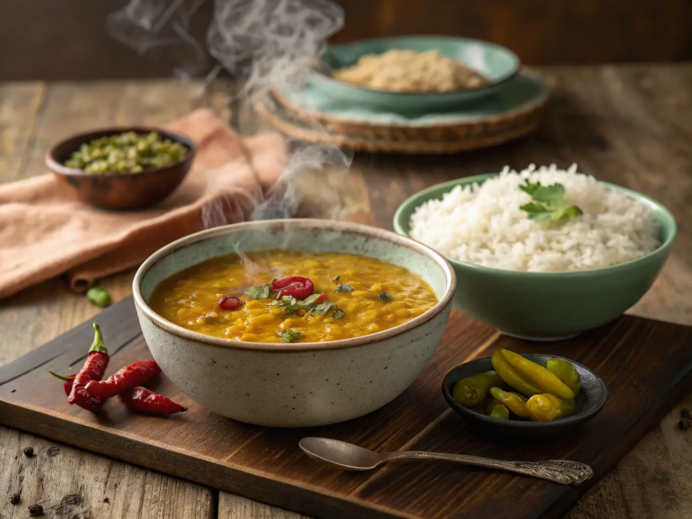 A vibrant, high-resolution image of a bowl of dal bhat, featuring lentils, rice, vegetables, and a side of traditional Nepali pickles, presented in a rustic, authentic setting.