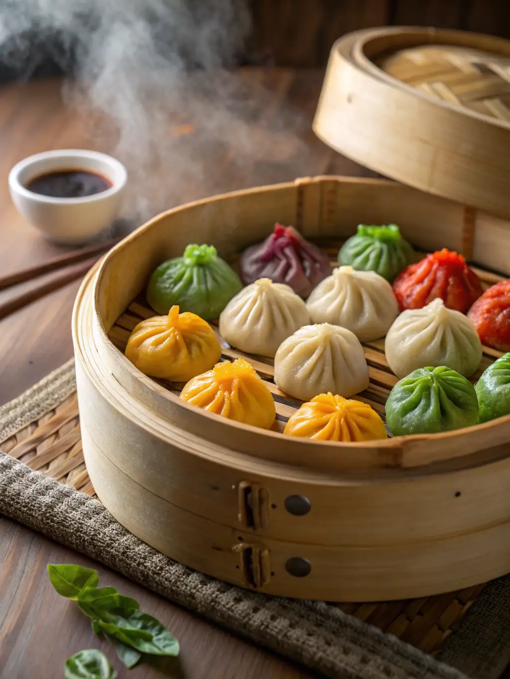 A high-resolution, close-up shot of a plate of steaming hot momos, showcasing the intricate pleats and juicy filling, served with a side of vibrant tomato chutney.