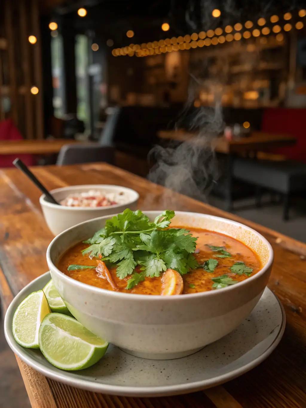 A comforting bowl of Thukpa, showcasing the rich broth, noodles, vegetables, and tender pieces of meat, garnished with fresh cilantro and a squeeze of lime.