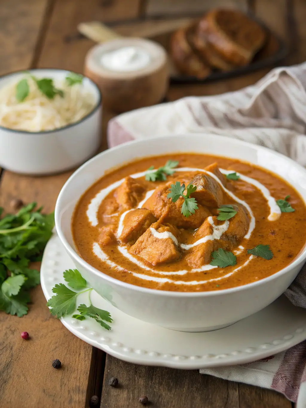 A colorful and aromatic plate of Chicken Curry, highlighting the tender chicken pieces coated in a rich, spiced gravy, served with a side of basmati rice.
