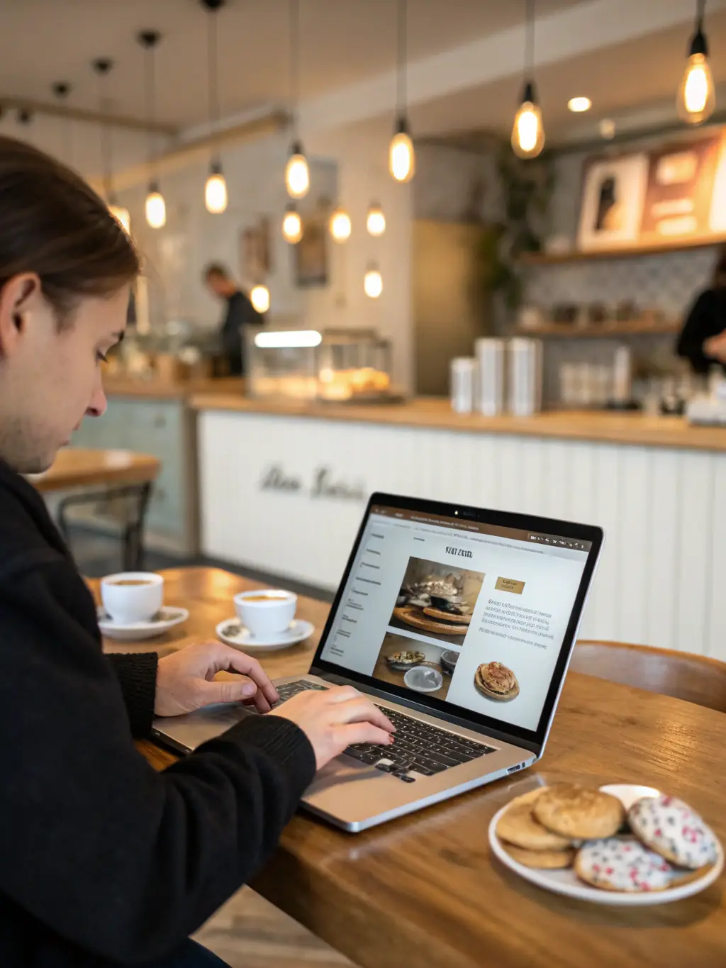 A person browsing the Himalaya Flavors online menu on a laptop, focusing on the momo section, with a steaming plate of momos visible in the background.