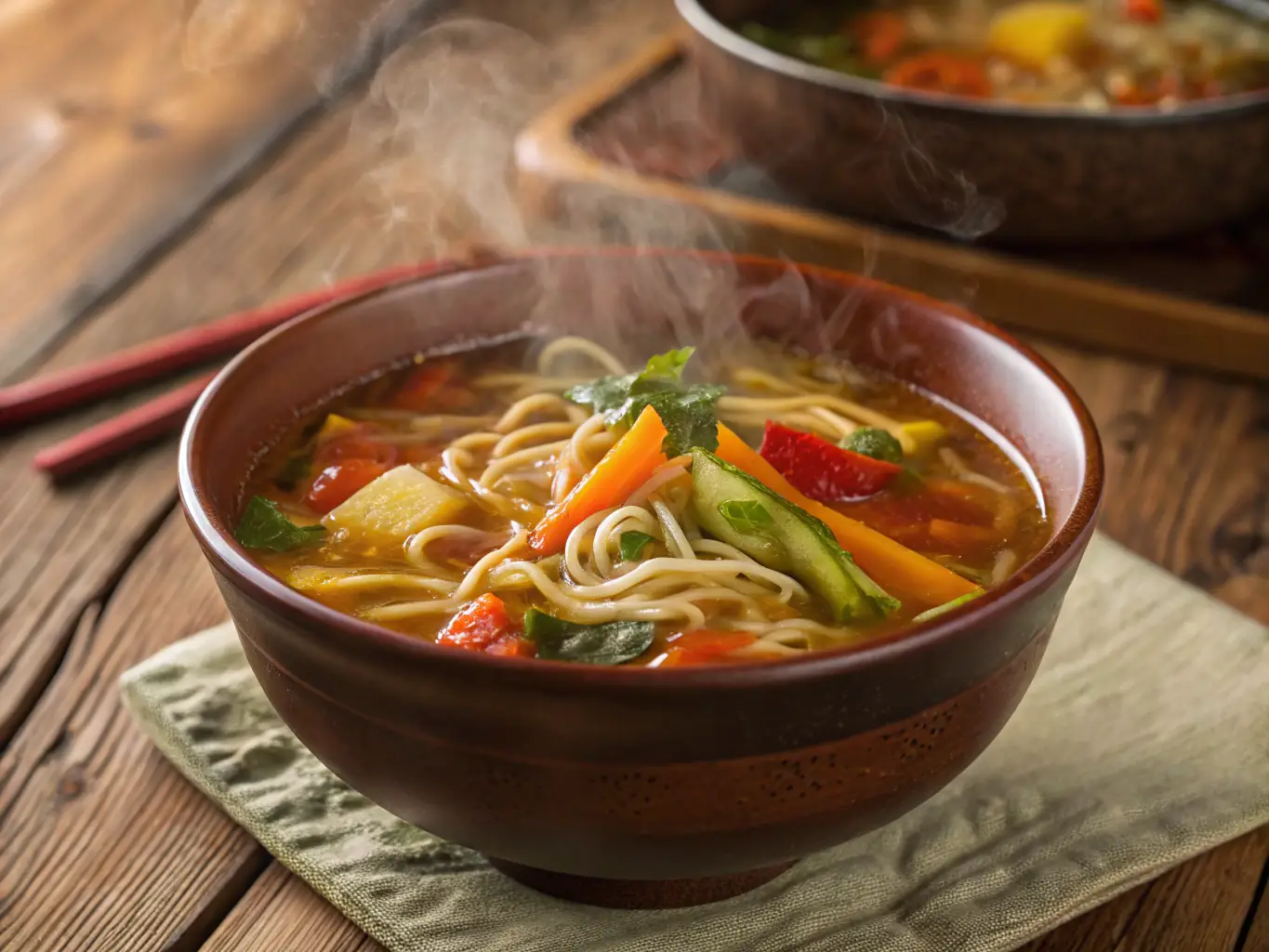 A close-up, high-resolution image of a bowl of steaming thukpa, showcasing the rich broth, noodles, vegetables, and meat, garnished with fresh herbs, set against a backdrop of traditional Nepali decor.