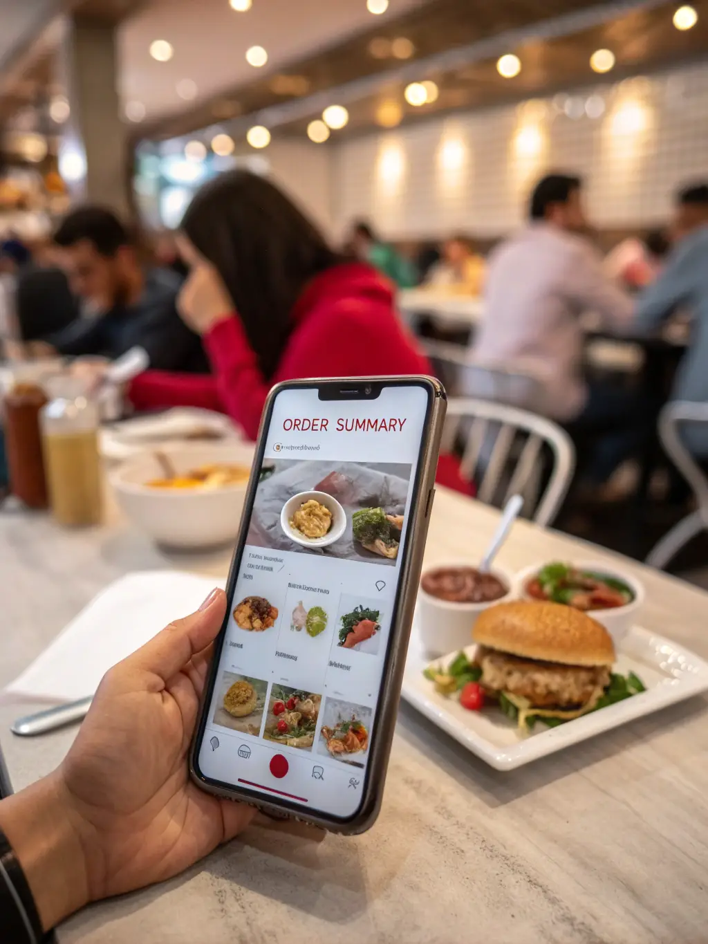 A hand selecting a 'Chicken Curry' dish on a mobile phone screen, with options to adjust the quantity and add special instructions.